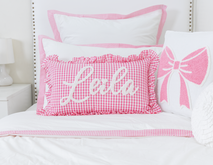 Bespoke Hand Embroidered Pillow Covers- Fuchsia Pink Gingham