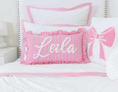 Bespoke Hand Embroidered Pillow Covers- Fuchsia Pink Gingham