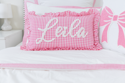 Bespoke Hand Embroidered Pillow Covers- Fuchsia Pink Gingham