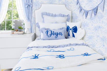 Custom Name Pillow Covers with Punch Needle Embroidery- Azure Blue Gingham