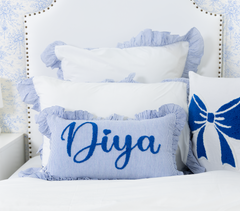 Custom Name Pillow Covers with Punch Needle Embroidery- Azure Blue Gingham