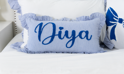 Custom Name Pillow Covers with Punch Needle Embroidery- Azure Blue Gingham