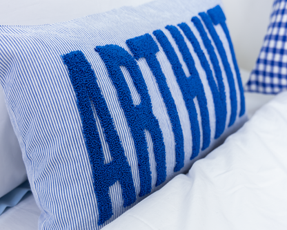 Monogrammed Punch Needle Pillow Covers- Blue Pin Stripe