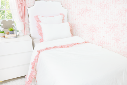 Cotton Percale Organic Duvet Cover with Ruffles Trim- Peach Gingham