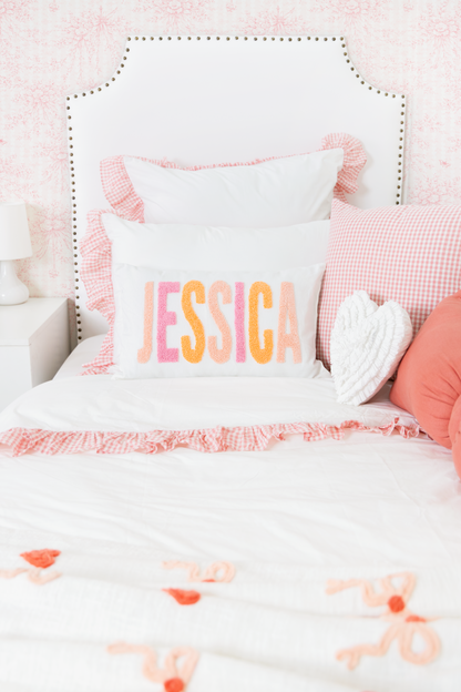 Cotton Percale Organic Duvet Cover with Ruffles Trim- Peach Gingham