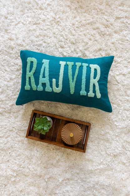Custom Name Punch Needle Pillow Cover- Dark Teal