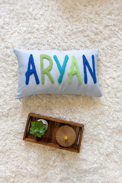 Custom Name Pillow Covers with Punch Needle Embroidery- Baby Blue