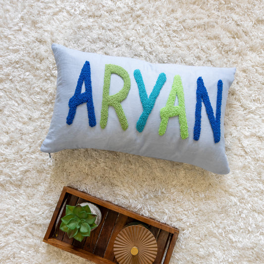 Custom Name Pillow Covers with Punch Needle Embroidery- Baby Blue