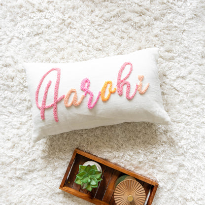 Personalized Decorative Pillow Cover with Punch Needle Embroidery- White