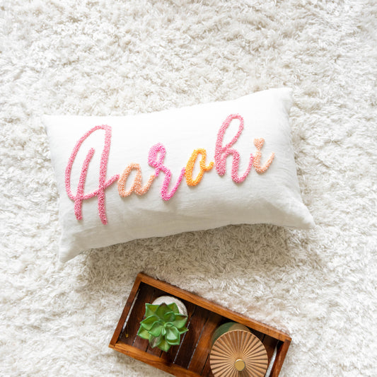 Personalized Decorative Pillow Cover with Punch Needle Embroidery- White