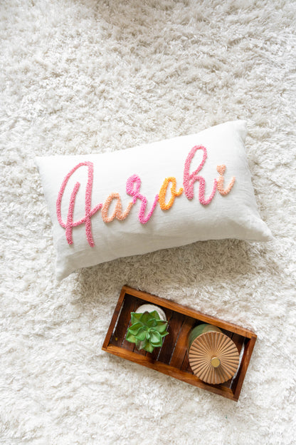 Personalized Decorative Pillow Cover with Punch Needle Embroidery- White