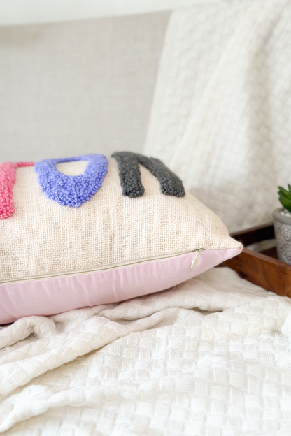 Personalized 2 Sided Pillow Cover with colored Back, Pom Poms