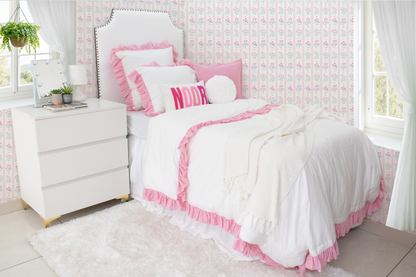 Cotton Percale Organic Duvet Cover with Ruffles Trim- Pink Stripes