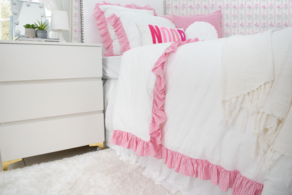 Cotton Percale Organic Duvet Cover with Ruffles Trim- Pink Stripes