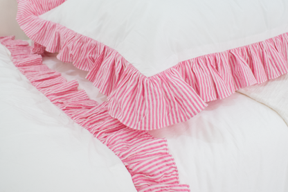Cotton Percale Organic Duvet Cover with Ruffles Trim- Pink Stripes