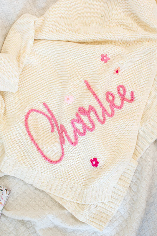 Custom Name Knitted Baby Blankets with Design Elements- 100% Cotton