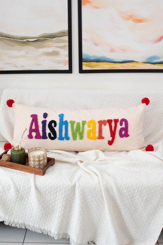 Personalized 2 Sided Pillow Cover with colored Back and Pom Poms- PRE SELECTED