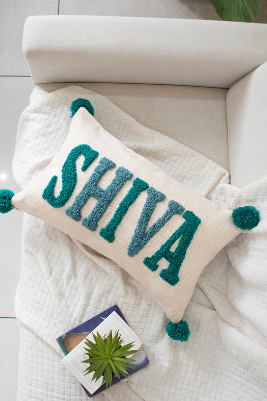 Personalized 2 Sided Pillow Cover with colored Back and Pom Poms- PRE SELECTED