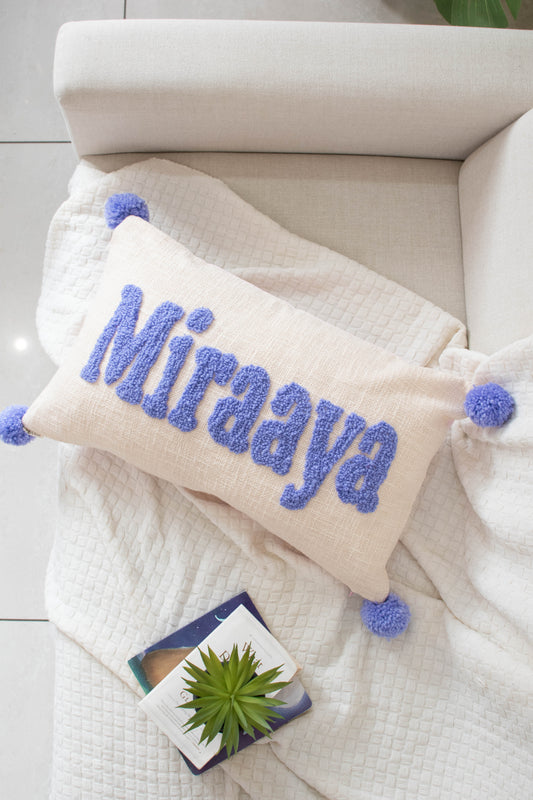 Personalized 2 Sided Pillow Cover with colored Back and Pom Poms- PRE SELECTED