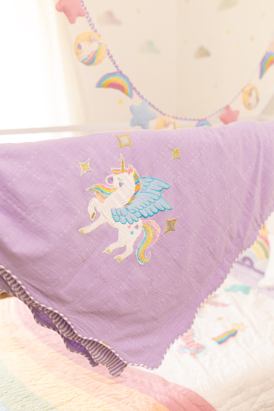 Magical Unicorns Applique Cotton Blanket for Kids with Kantha Work