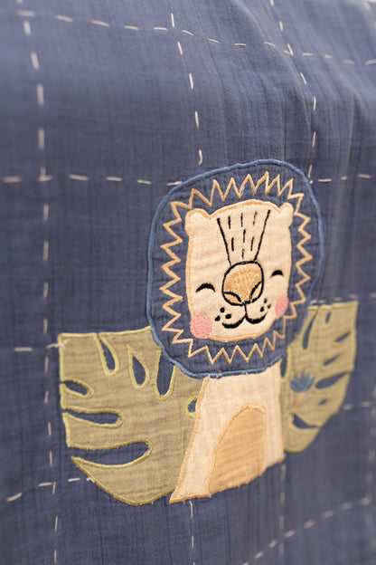 Wild & Free Lions Applique Cotton Blanket for Kids with Kantha Work