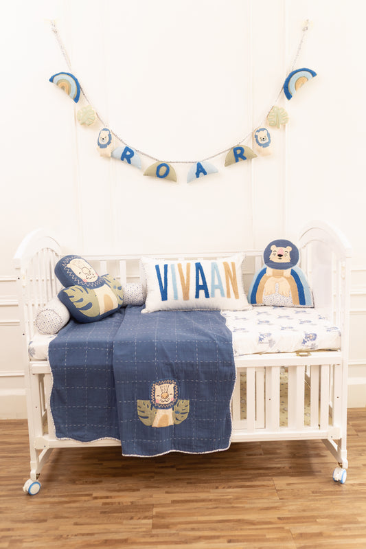 Wild & Free Lions Applique Cotton Blanket for Kids with Kantha Work