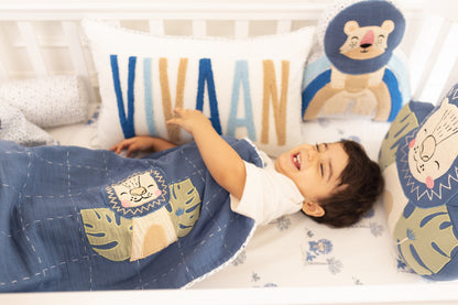 Wild & Free Lions Applique Cotton Blanket for Kids with Kantha Work
