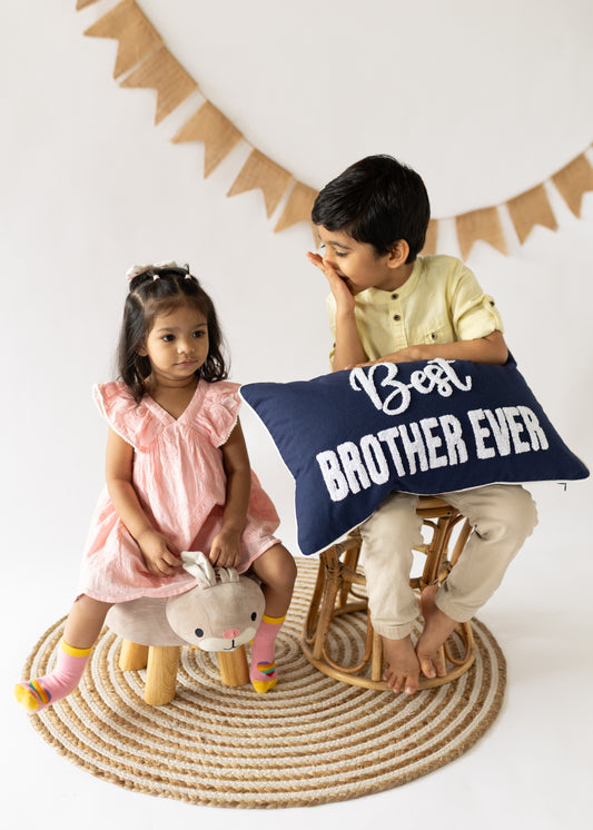 Best Brother Ever Pillow Cover, Rakhi Gift, Embroidered, Dark Blue