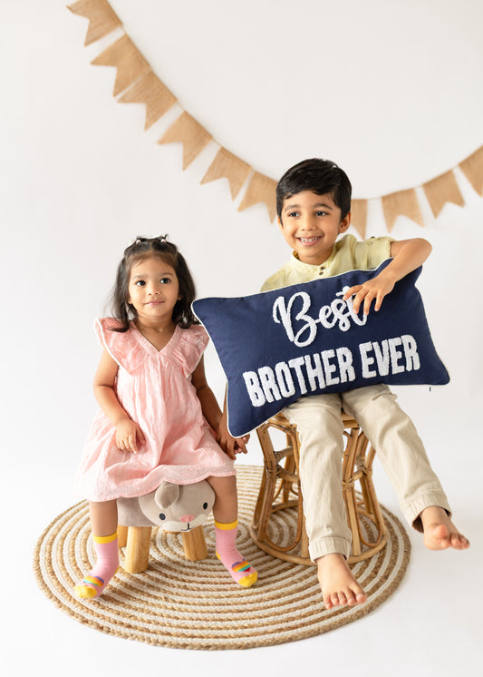 Best Brother Ever Pillow Cover, Rakhi Gift, Embroidered, Dark Blue