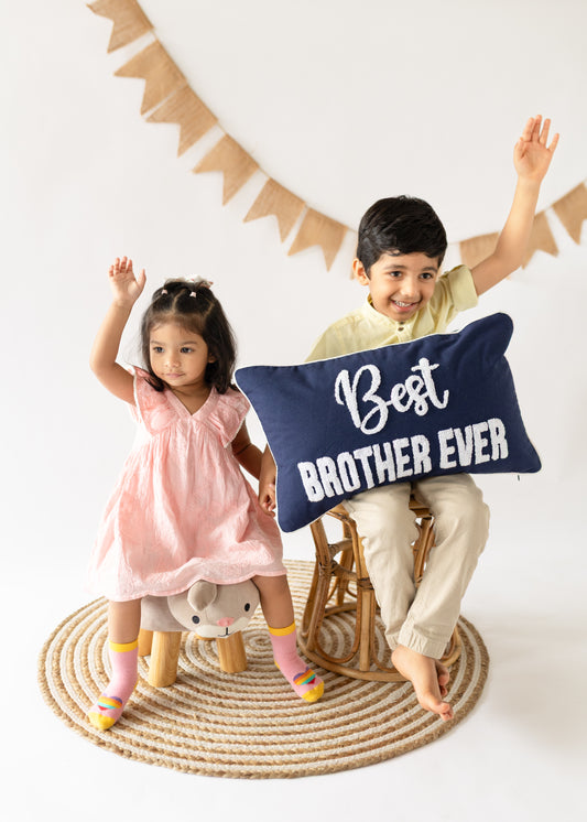 Best Brother Ever Pillow Cover, Rakhi Gift, Embroidered, Dark Blue