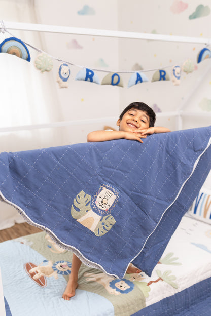 Wild & Free Lions Applique Cotton Blanket for Kids with Kantha Work