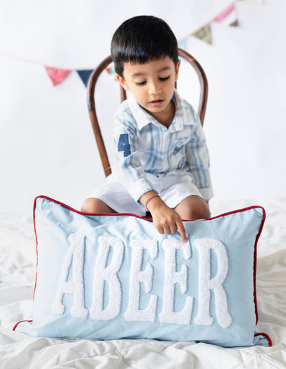 Personalized Name Pillow Covers with Hand Embroidery- Baby Blue