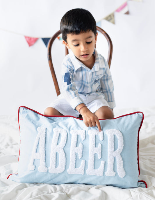 Personalized Name Pillow Covers with Hand Embroidery- Baby Blue