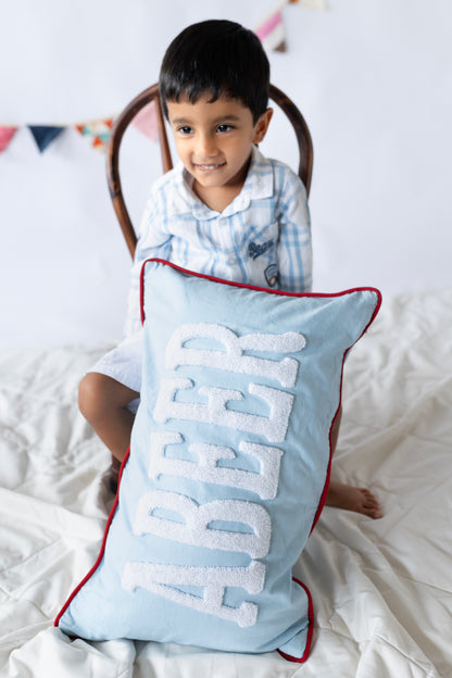 Personalized Name Pillow Covers with Hand Embroidery- Baby Blue