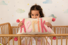 Personalized 2 Sided Pillow Cover with colored Back and Pom Poms- PRE SELECTED