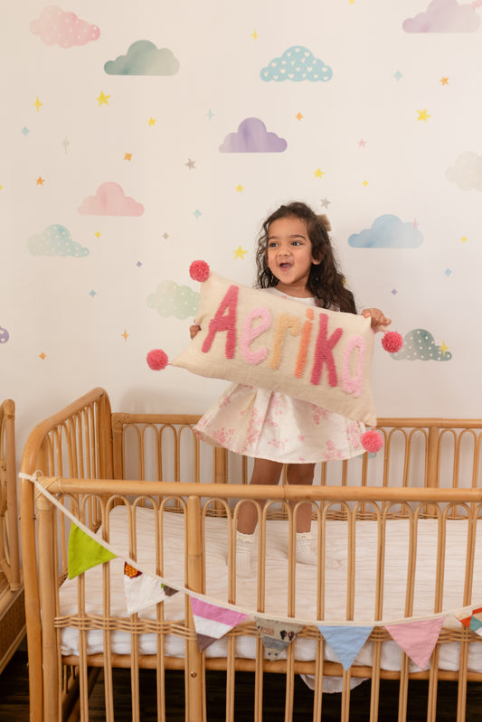 Personalized 2 Sided Pillow Cover with colored Back, Pom Poms
