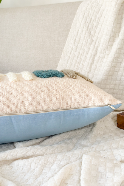 Personalized 2 Sided Pillow Cover with colored Back, Pom Poms